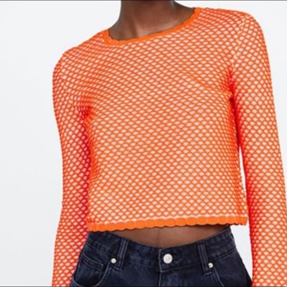 Zara neon fishnet semi sheer crop sweater s